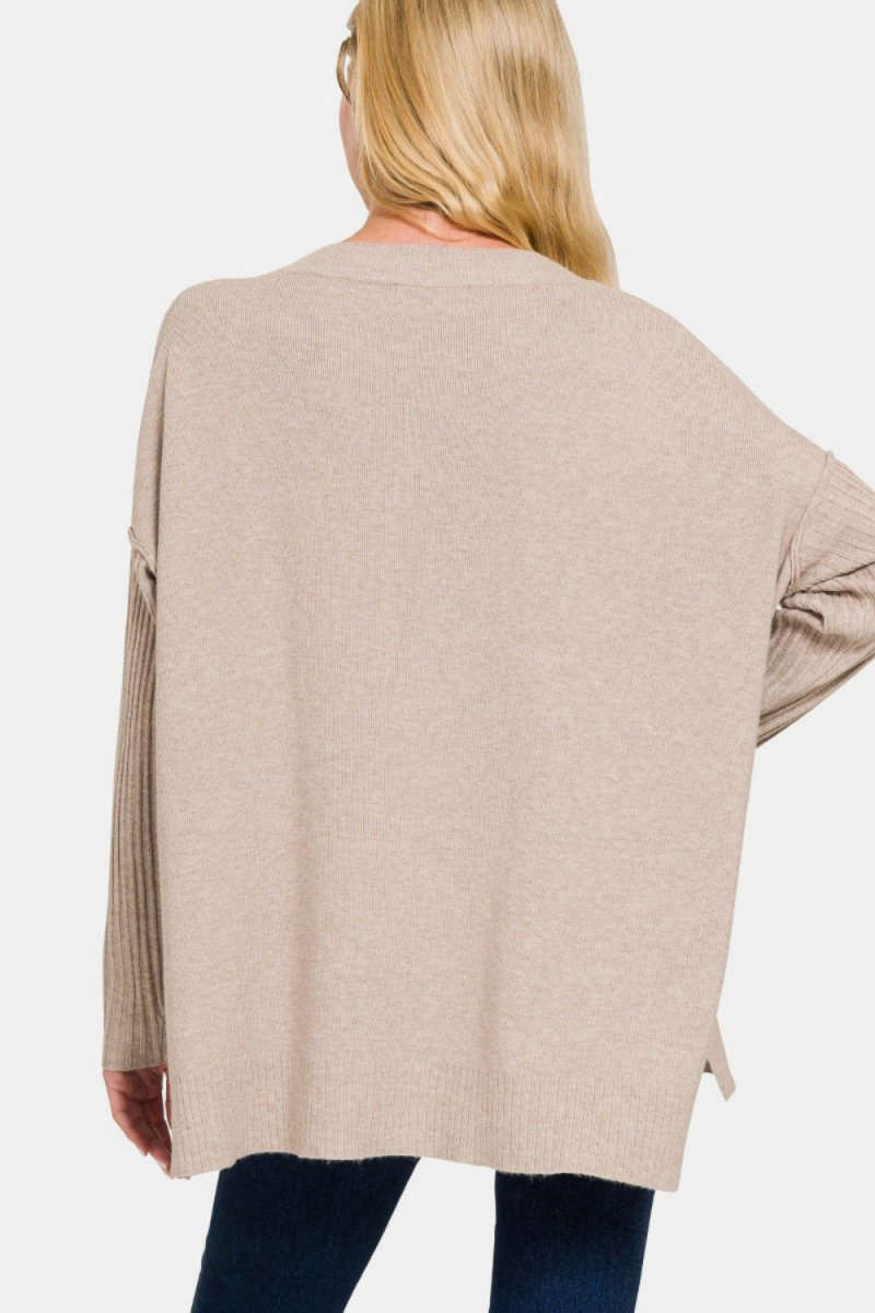 Zenana V - Neck Side Slit High - Low Sweater | | 2