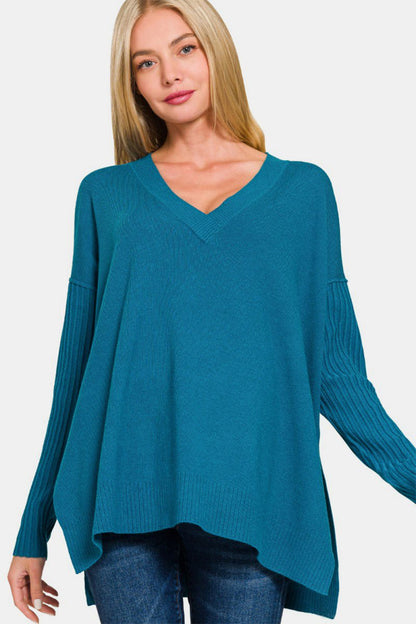 Zenana V - Neck Side Slit High - Low Sweater | Sweaters | 3