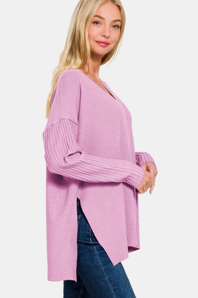 Zenana V - Neck Side Slit High - Low Sweater | Sweaters | 3