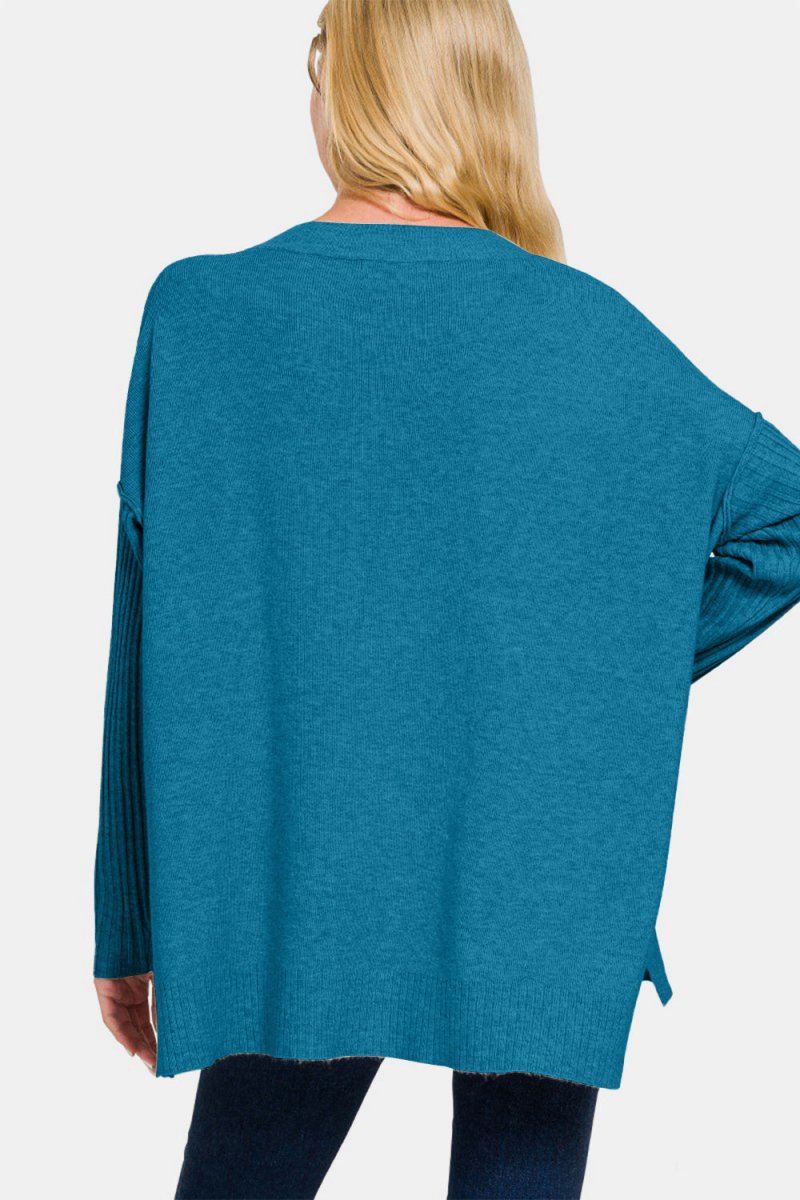 Zenana V - Neck Side Slit High - Low Sweater | Sweaters | 2