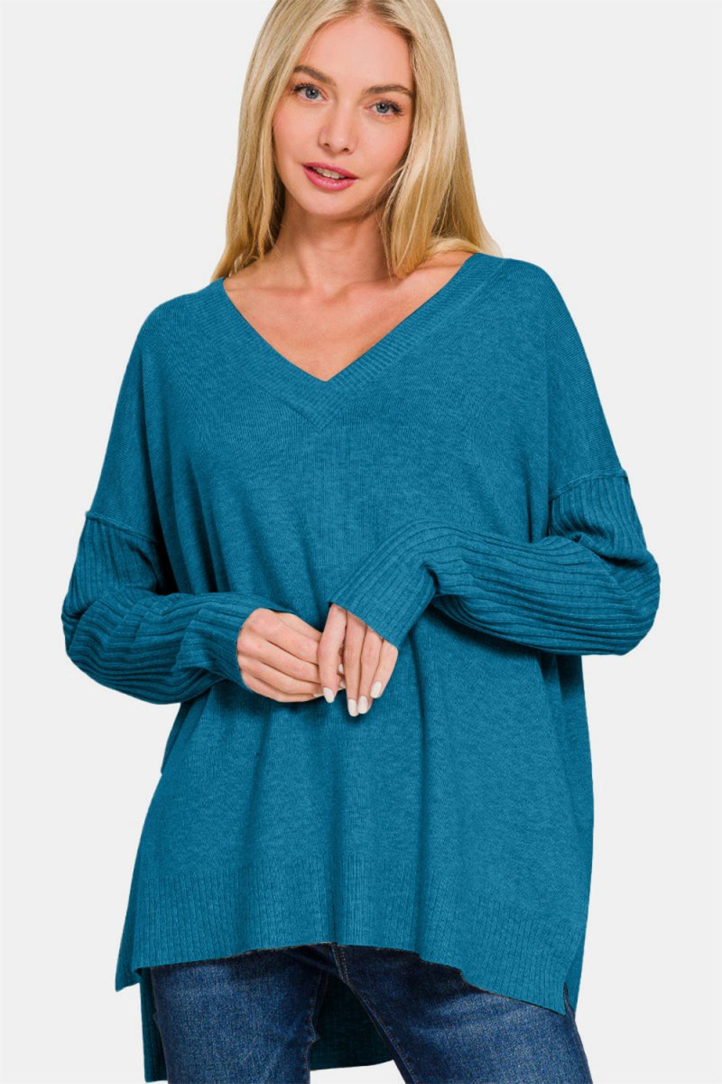 Zenana V - Neck Side Slit High - Low Sweater | Sweaters | 1