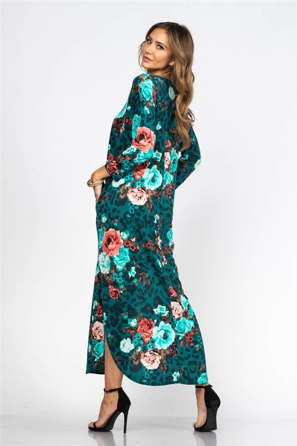 Dark Teal Animal And Elegant Floral Print Maxi Dress