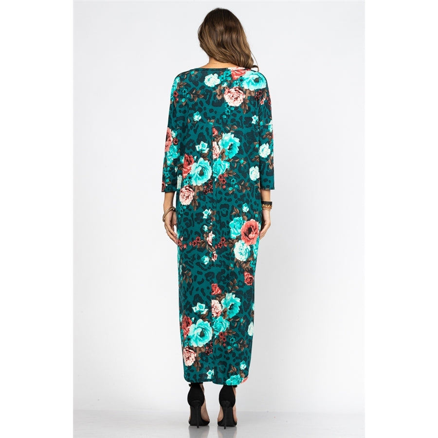 Dark Teal Animal And Elegant Floral Print Maxi Dress