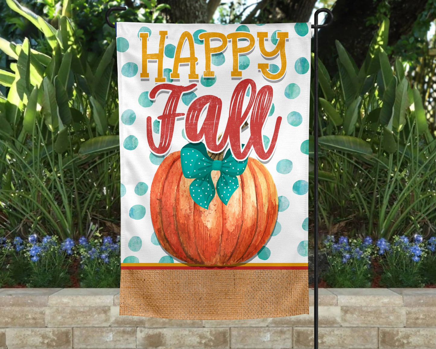 Garden Flag - Happy Fall Teal Dots and Bow