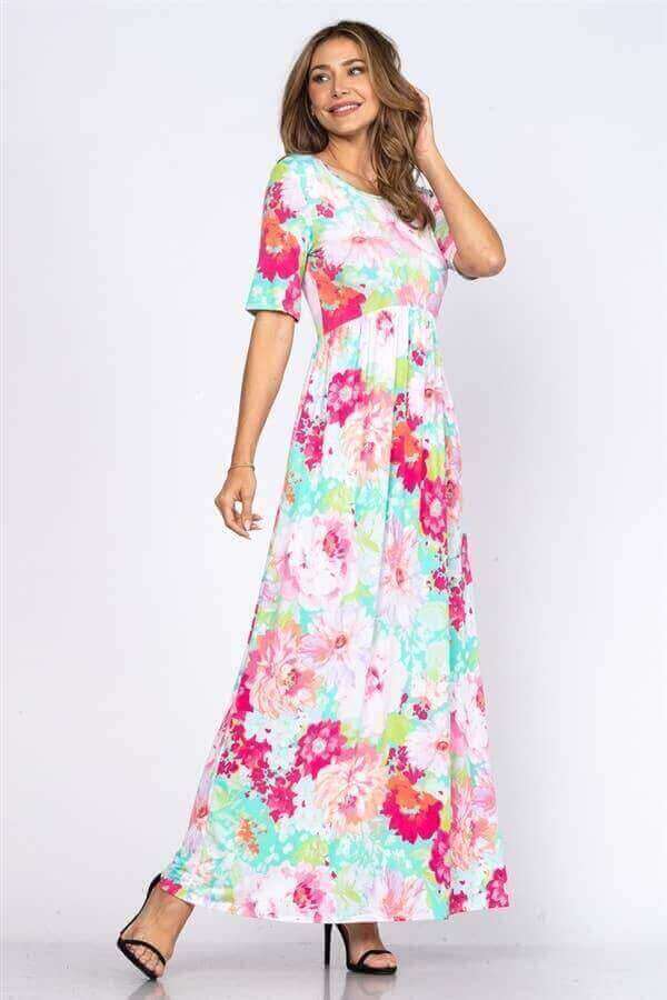 Aqua Crepe De Chine Floral Maxi Dress | 2FruitBearers