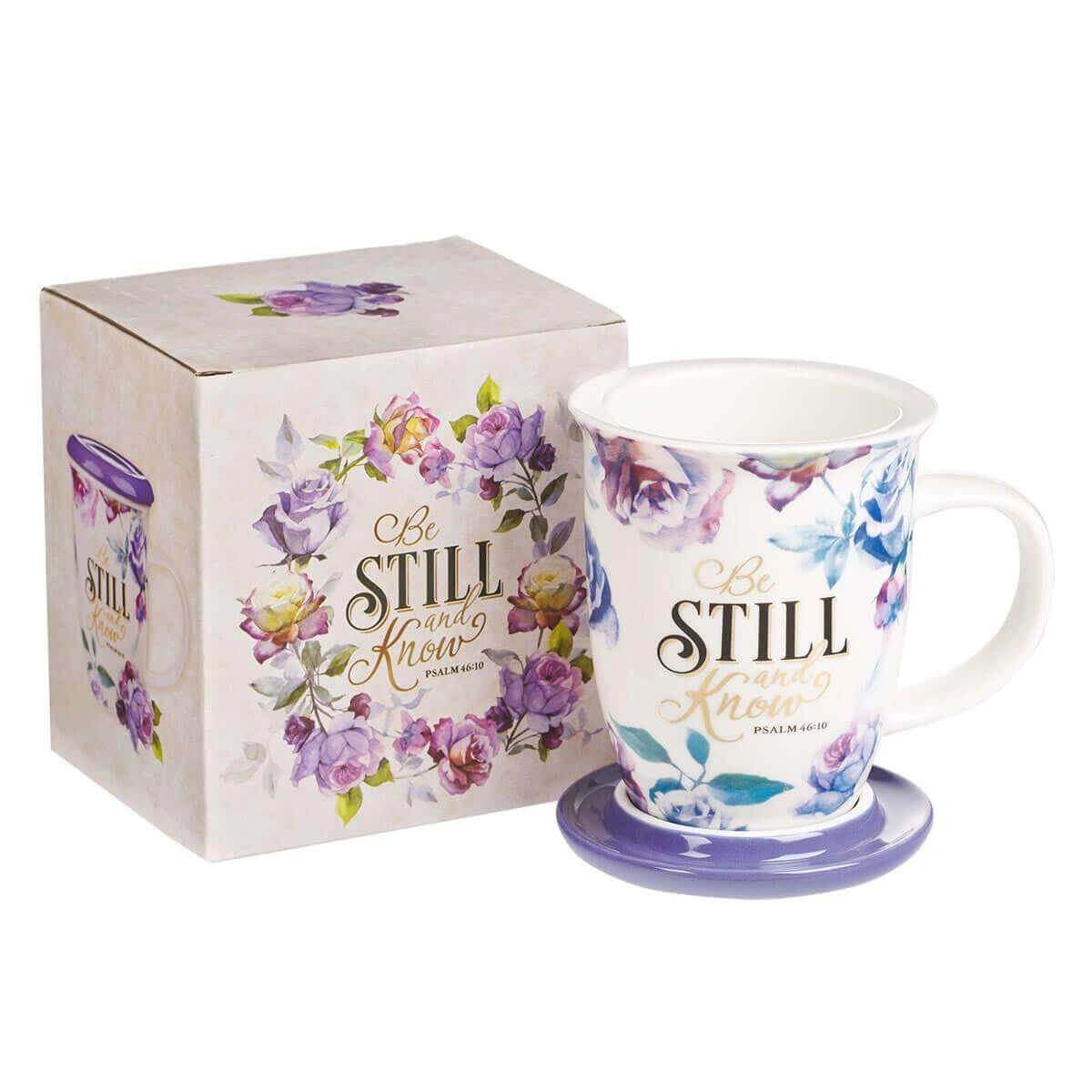 Be Still and Know Lidded Ceramic Mug in Purple - Psalm 46:10 | 2FruitBearers