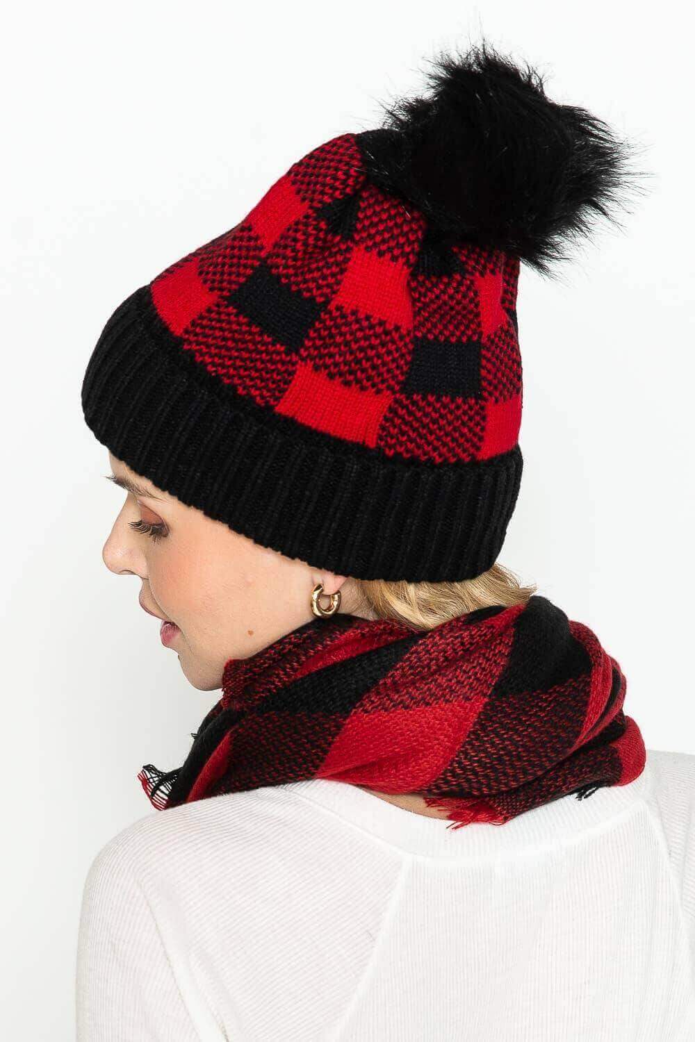 Black/Red Buffalo Plaid Beanie with Pom | 2FruitBearers