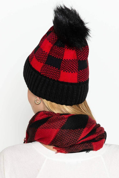 Black/Red Buffalo Plaid Beanie with Pom | 2FruitBearers