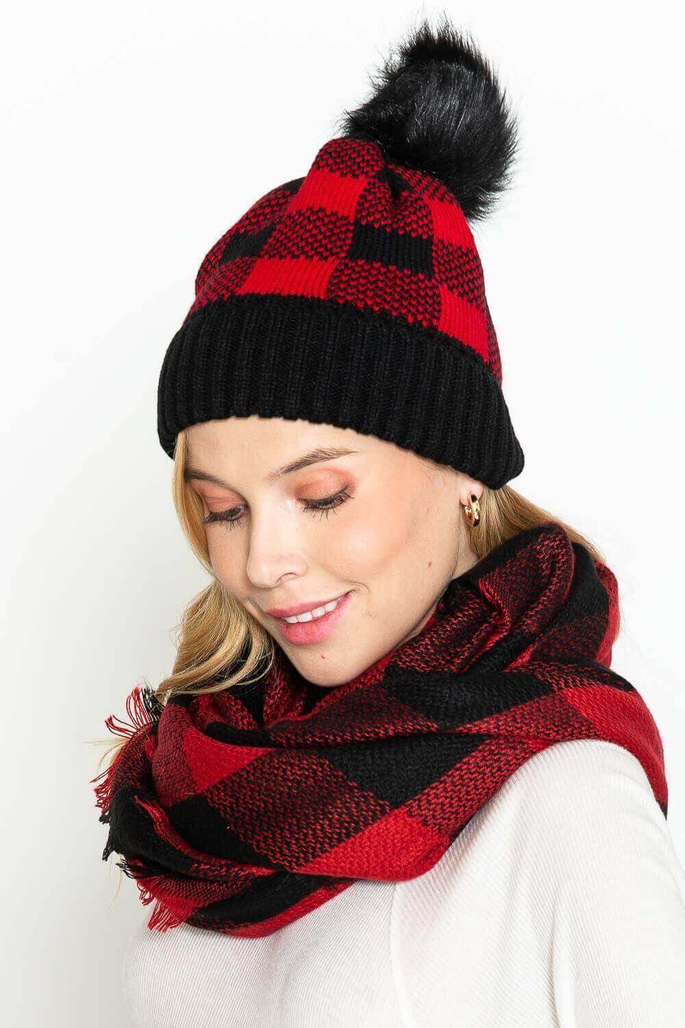 Black/Red Buffalo Plaid Beanie with Pom | 2FruitBearers