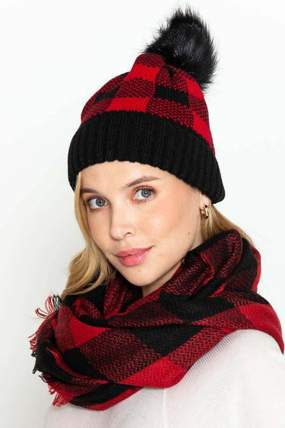 Black/Red Buffalo Plaid Beanie with Pom | 2FruitBearers