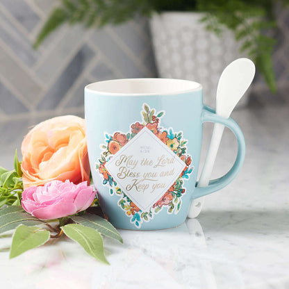 Bless You and Keep You Teal Ceramic Coffee Mug with Spoon - Numbers 6:24 | 2FruitBearers