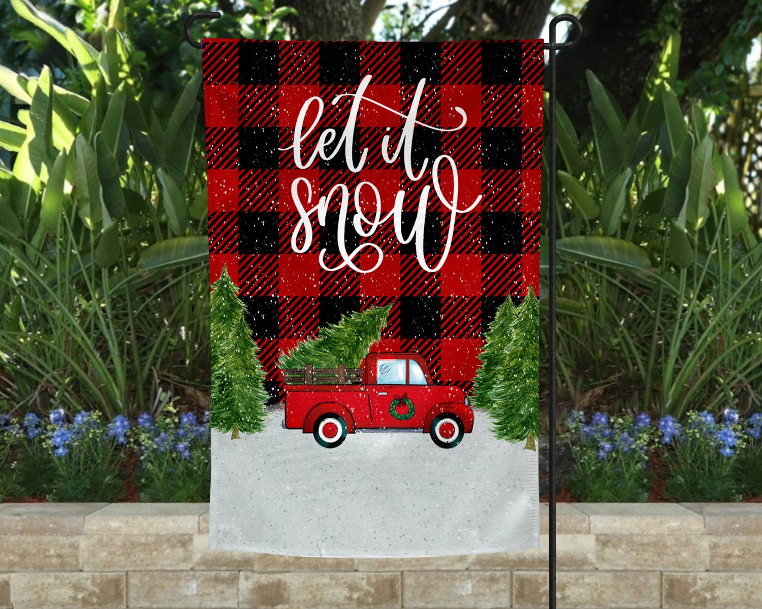 Garden Flag - Let it Snow Buffalo Plaid Truck and Trees | 2FruitBearers