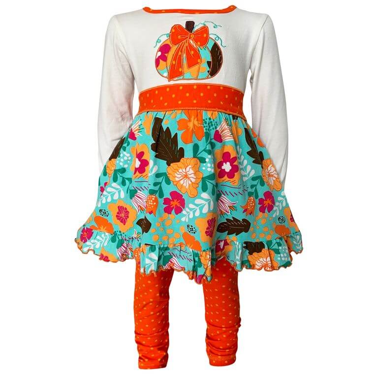 Girls Holiday Orange pumpkin Hazel Autumn Floral Dress and Leggings Outfit | 2FruitBearers