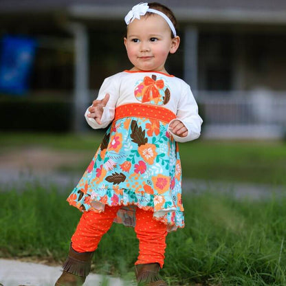 Girls Holiday Orange pumpkin Hazel Autumn Floral Dress and Leggings Outfit | 2FruitBearers