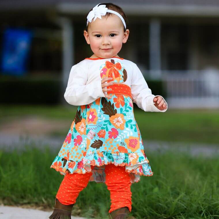 Girls Holiday Orange pumpkin Hazel Autumn Floral Dress and Leggings Outfit | 2FruitBearers