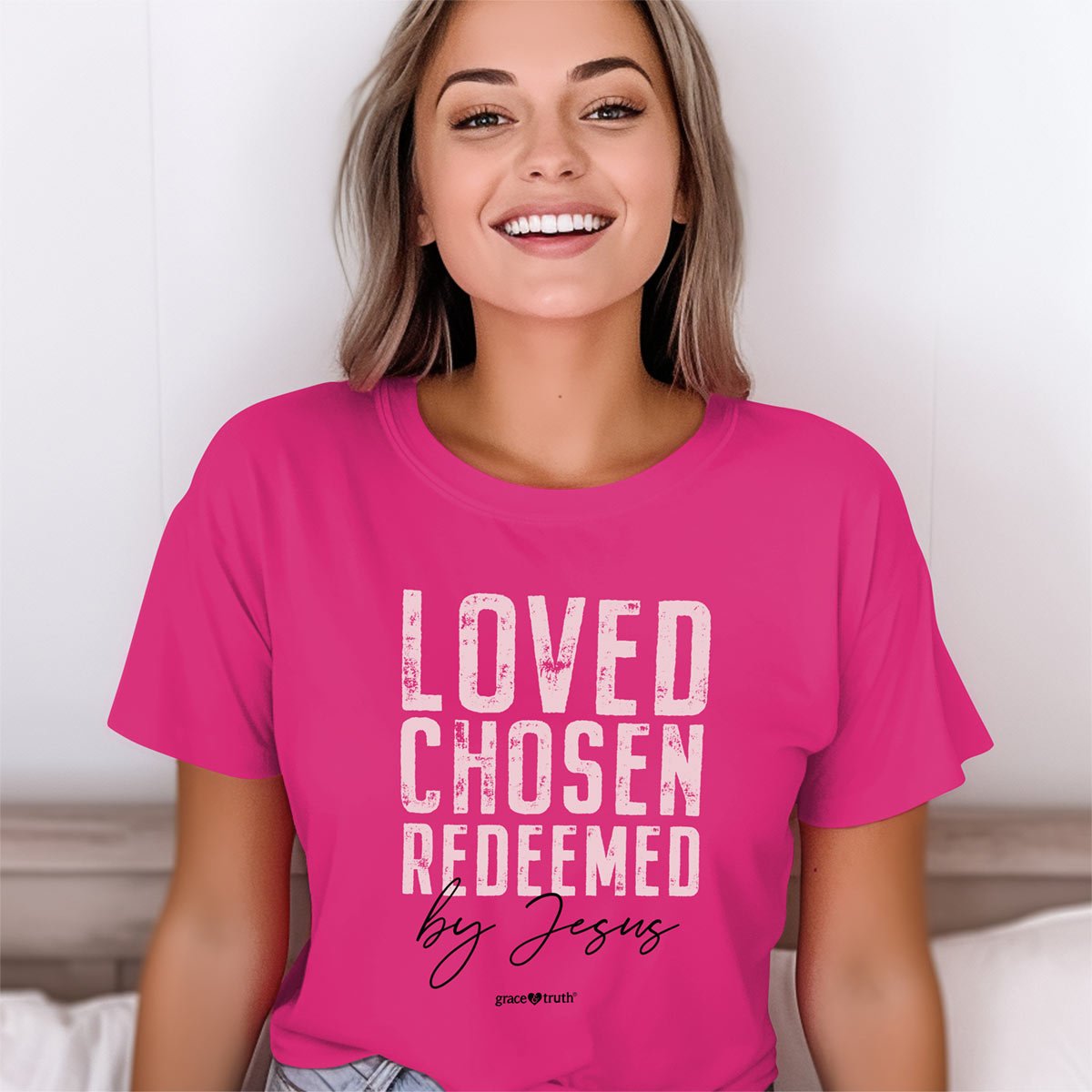 grace & truth Womens T-Shirt Loved Chosen Redeemed | 2FruitBearers