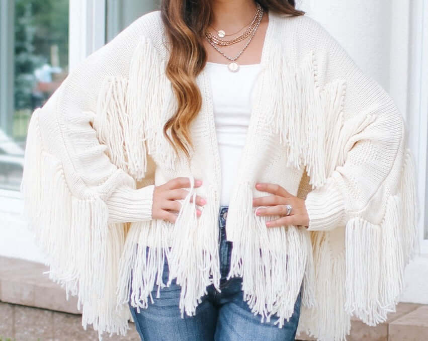 Off-White Chelsey Long Sleeve Fringe Cardigan | 2FruitBearers