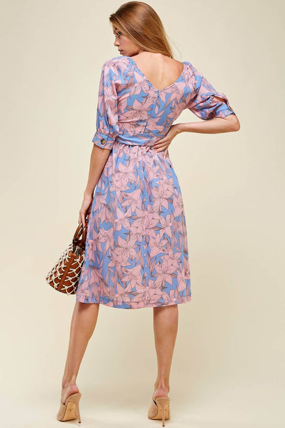 Pink/Blue Button Down Belted Floral Midi Dress | 2FruitBearers