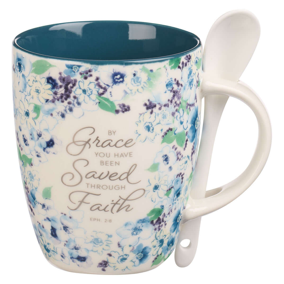 Saved by Grace Blue Floral Ceramic Coffee Mug with Spoon - Ephesians 2:8 | 2FruitBearers