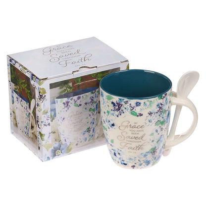 Saved by Grace Blue Floral Ceramic Coffee Mug with Spoon - Ephesians 2:8 | 2FruitBearers