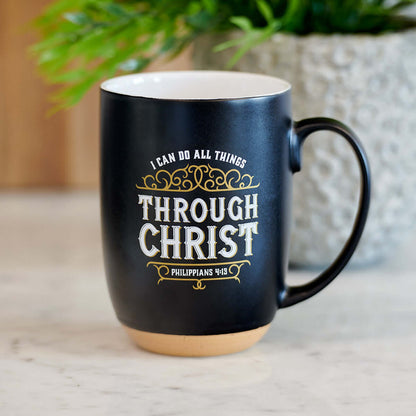 Through Christ Black Ceramic Coffee Mug with Exposed Clay Base - Philippians 4:13 | 2FruitBearers