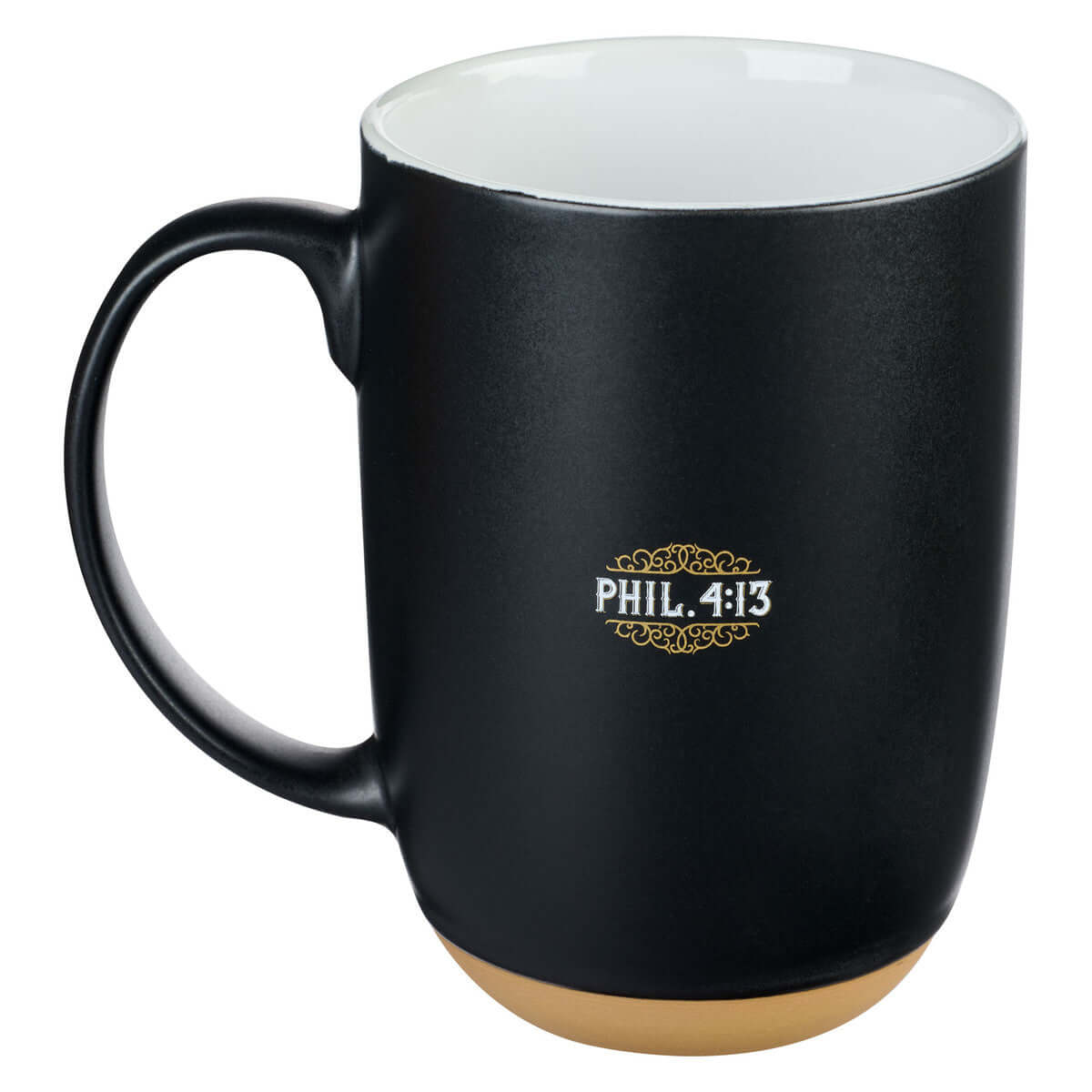 Through Christ Black Ceramic Coffee Mug with Exposed Clay Base - Philippians 4:13 | 2FruitBearers