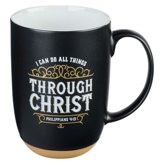 Through Christ Black Ceramic Coffee Mug with Exposed Clay Base - Philippians 4:13 | 2FruitBearers