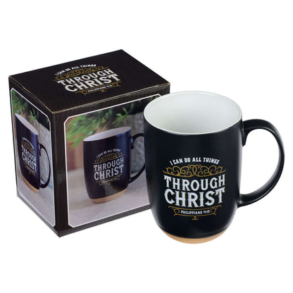 Through Christ Black Ceramic Coffee Mug with Exposed Clay Base - Philippians 4:13 | 2FruitBearers