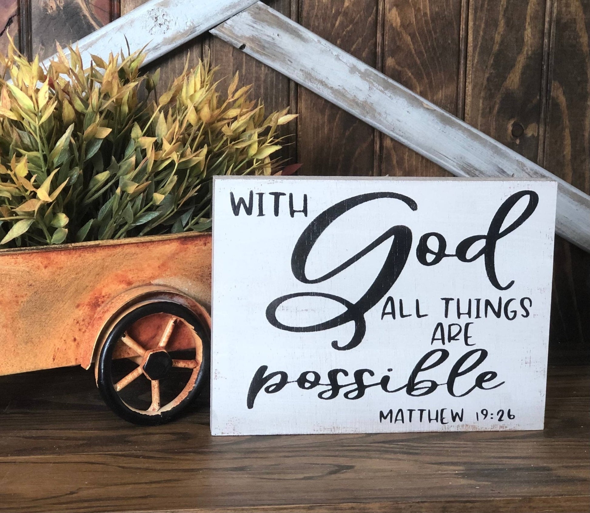 With God All Things Are Possible - White Rustic Wood Sign | 2FruitBearers